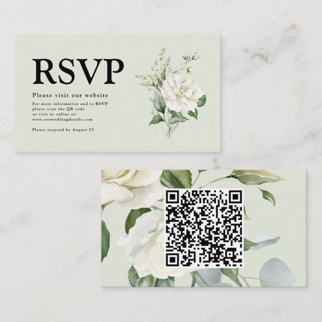 Sage Green Eucalyptus & Rose Ivory QR Code Wedding Enclosure Card (Front/Back)