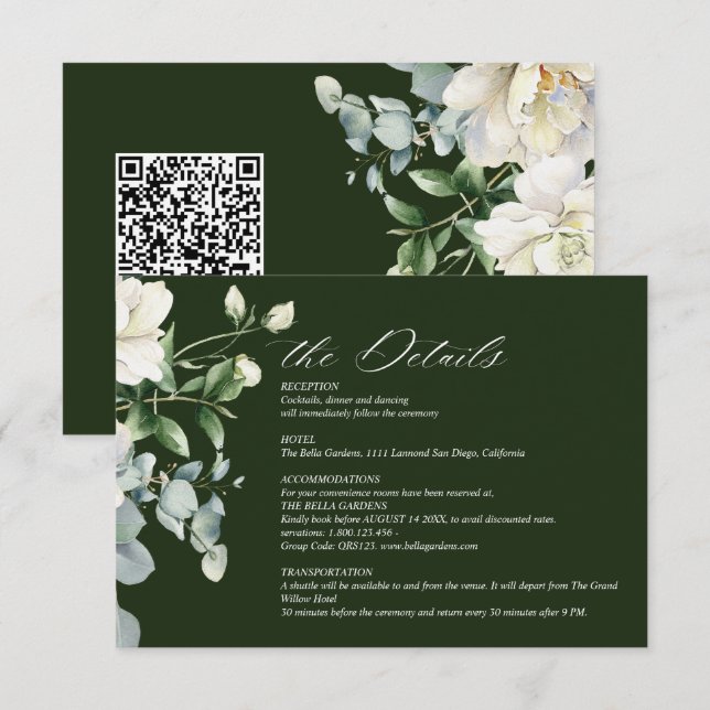 Sage Green Eucalyptus & Rose Ivory QR Code Wedding Enclosure Card (Front/Back)
