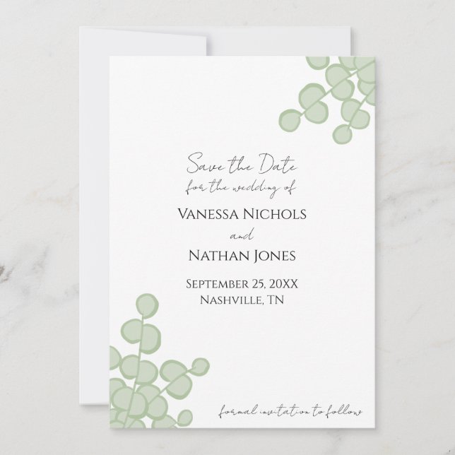 Sage Green Eucalyptus Save The Date Invitation (Front)