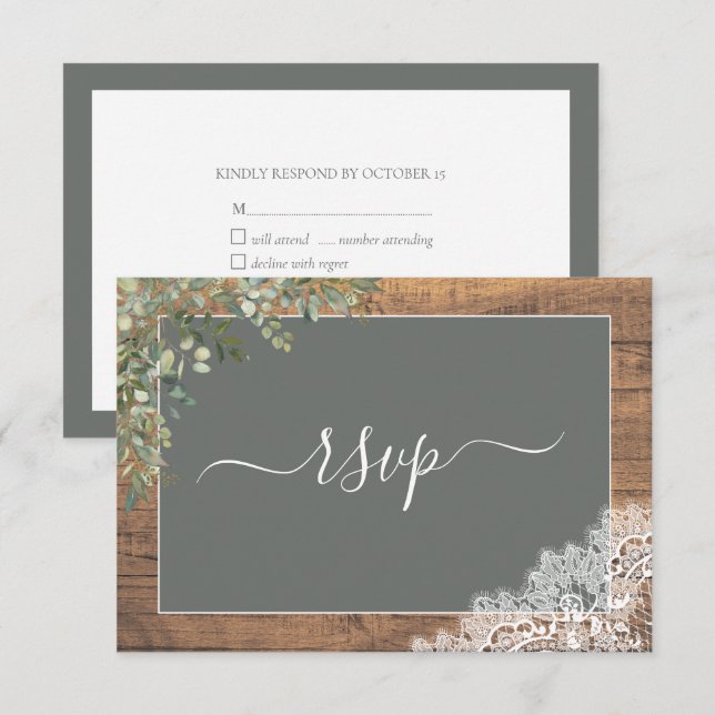 Sage Green Eucalyptus Script Lace Wood RSVP Card (Front/Back)