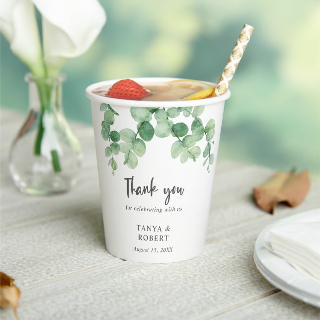 Sage Green Eucalyptus Thank you Elegant Lettering  Paper Cups (Insitu)