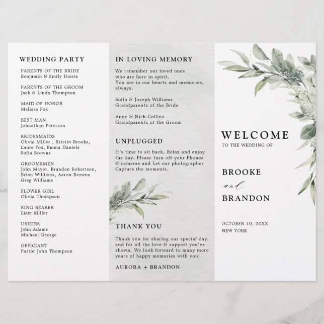 Sage Green Eucalyptus Tri fold wedding Program (Front)