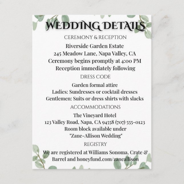 Sage Green Eucalyptus Wedding Info Card (Front)