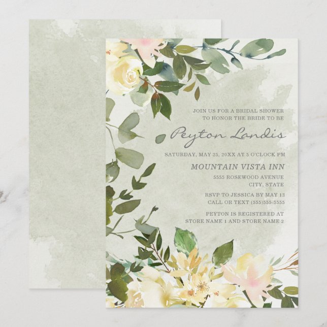 Sage Green Eucalyptus White Floral Bridal Shower Invitation (Front/Back)