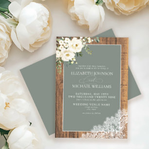 Sage Green Eucalyptus Wood Lace Script Wedding Inv Invitation