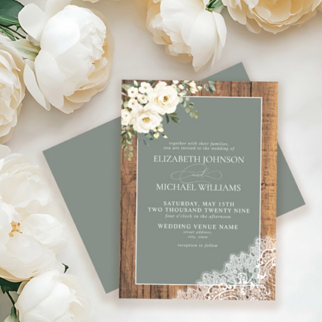 Sage Green Eucalyptus Wood Lace Script Wedding Inv Invitation (Creator Uploaded)