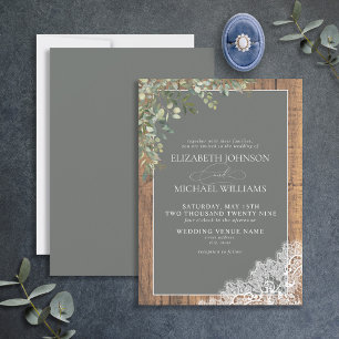 Sage Green Eucalyptus Wood Lace Script Wedding Inv Invitation