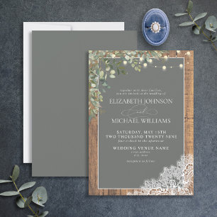 Sage Green Eucalyptus Wood Lace Script Wedding Invitation