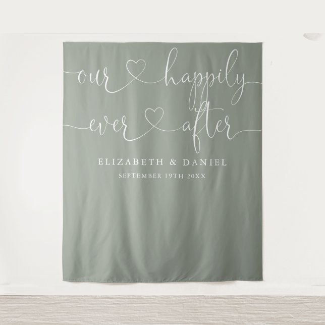 Sage Green Ever After Heart Script Wedding Tapestry (Front)