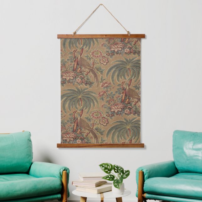 Sage Green Exotic Bird Palm Botanical Pattern Hanging Tapestry (Living Room)