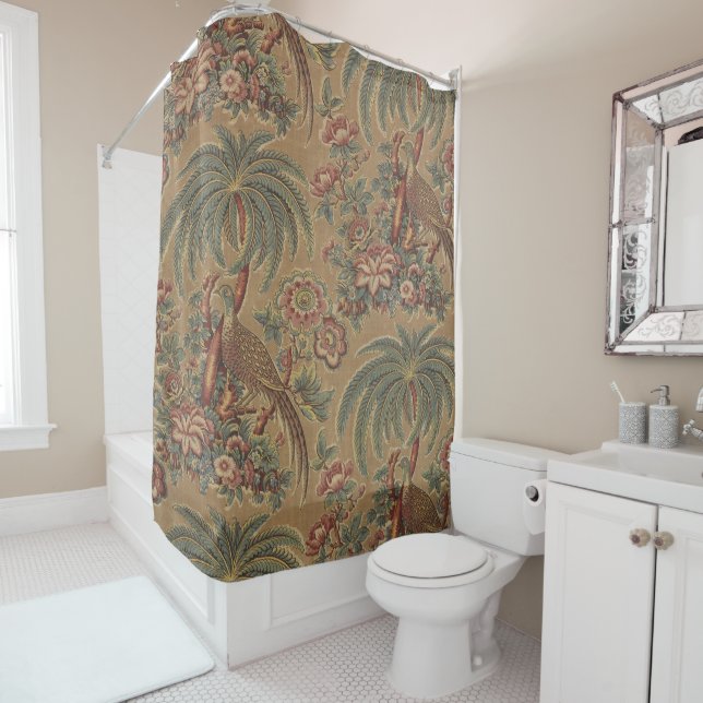 Sage Green Exotic Bird Palm Botanical Pattern Shower Curtain (In Situ)