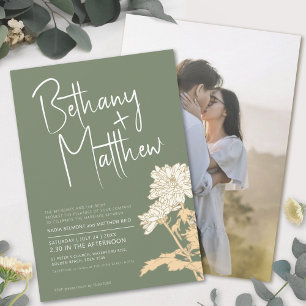 Sage green fall flowers calligraphy script wedding invitation