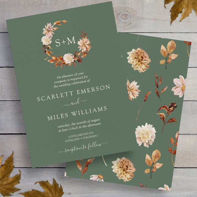 Sage Green Fall Terracotta Monogram Wreath Wedding Invitation (Sage Green Fall Terracotta Monogram Wreath Wedding Invitation
)