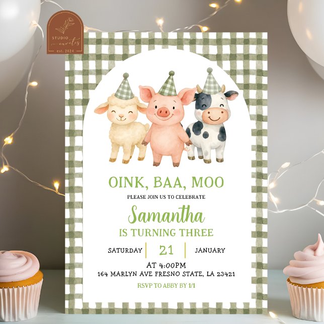 Sage Green Farm Party Gingham Birthday Invitation (Creator Uploaded)