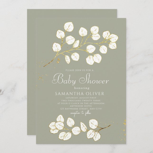 Sage Green Faux Gold Greenery Eucalyptus  Invitation (Front/Back)