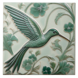 Sage green faux relief Art Nouveau Hummingbird R Ceramic Tile