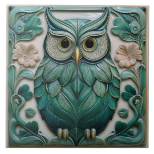 Sage green faux relief Art Nouveau Owl Ceramic Tile
