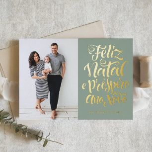 Sage Green Feliz Natal Calligraphy Christmas Photo Foil Holiday Card