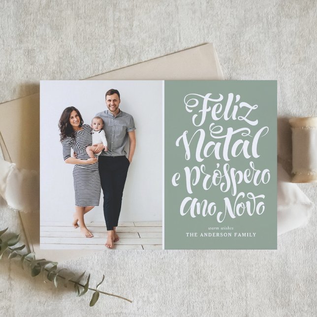 Sage Green Feliz Natal Calligraphy Christmas Photo Holiday Card (Creator Uploaded)