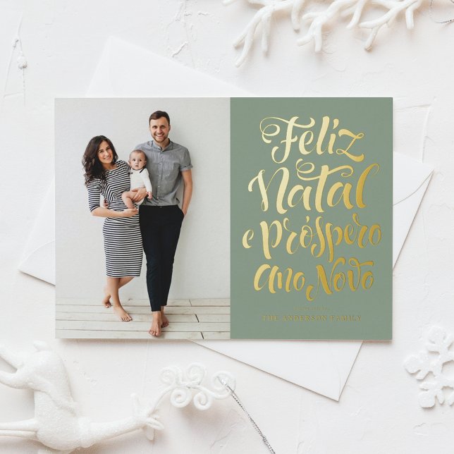 Sage Green Feliz Natal e Próspero Ano Novo Photo Foil Holiday Card (Creator Uploaded)