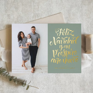 Sage Green Feliz Navidad Script Christmas Photo Foil Holiday Card