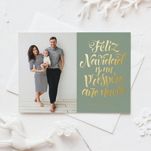Sage Green Feliz Navidad Script Christmas Photo Foil Holiday Postcard (Creator Uploaded)
