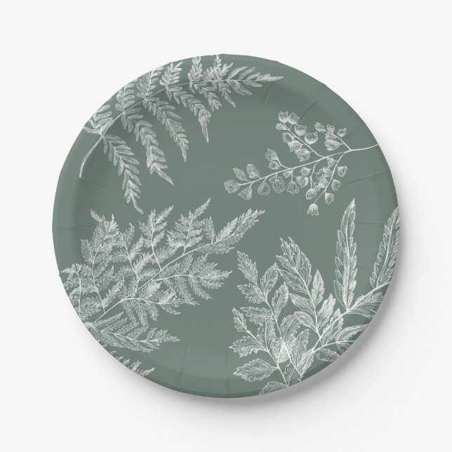Sage Green Fern Leaf Botanical Wedding Paper Plate (Front)