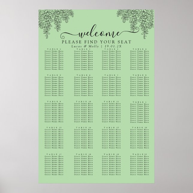 Sage Green Fern Leaf Wedding Seating Chart (Front)