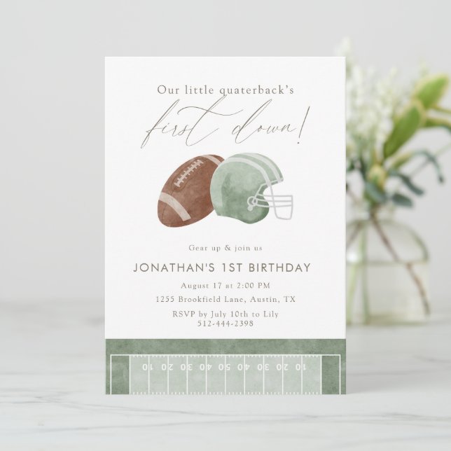 Sage Green First Down Football First Birthday Invitation (Standing Front)