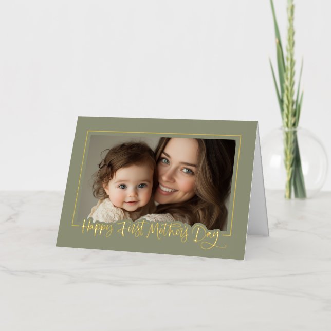 Sage Green First Mother's Day Photo Foil Greeting Card (Front)