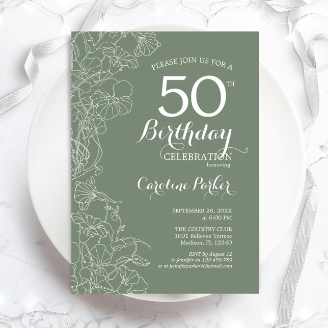 Sage Green Floral 50th Birthday Party Invitation (Creator Uploaded)
