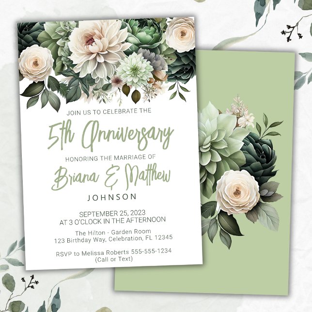 Sage Green Floral 5th Wedding Anniversary  Invitation (Creator Uploaded)