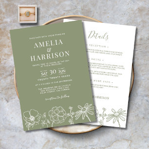 Sage Green Floral All In One Elegant Wedding Invitation