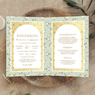 Sage Green Floral All in One Gold Indian Wedding Invitation
