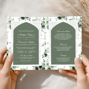 Sage Green Floral All in One Lace Indian Wedding Invitation