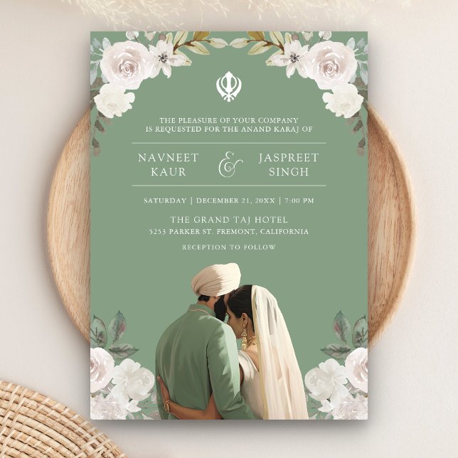 Sage Green Floral Anand Karaj Indian Sikh Wedding Invitation (Creator Uploaded)