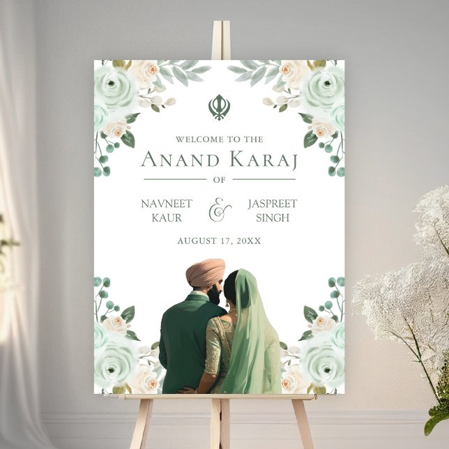 Sage Green Floral Anand Karaj Wedding Welcome Sign (Creator Uploaded)