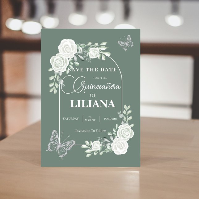 Sage Green Floral Arch and Butterflies Quinceañera Save The Date (Creator Uploaded)