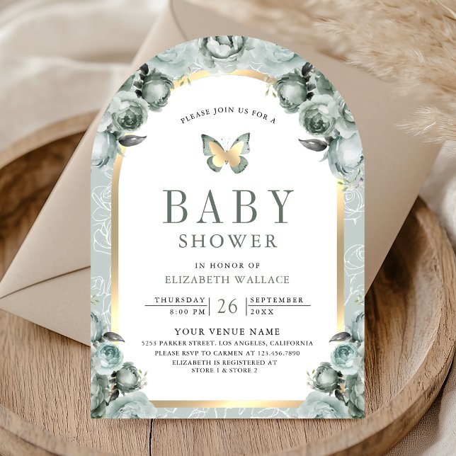 Sage Green Floral Arch Butterfly Baby Shower Invitation (Creator Uploaded)