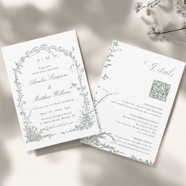Sage Green Floral Arch Garden All in One Wedding   Invitation (Front & Back)