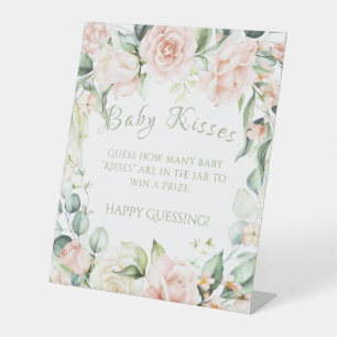 Sage Green Floral Baby Shower Baby Kisses Game Pedestal Sign
