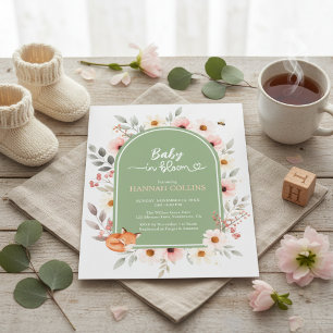 Sage Green Floral Baby Shower Fox Invite