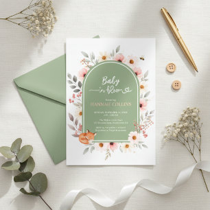 Sage Green Floral Baby Shower Fox Invite
