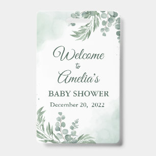 Sage Green Floral Baby Shower Girl Welcome Sign In ID Badge