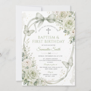 Sage Green Floral Baptism & 1st Birthday Butterfly Invitation