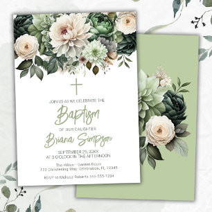 Sage Green Floral Baptism Invitation