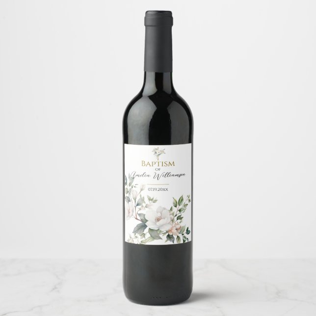 Sage Green Floral Baptism Wine Label (Front)