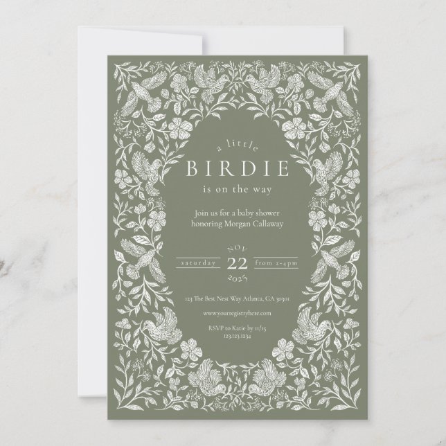 Sage Green Floral Birdie Baby Shower Invitation (Front)