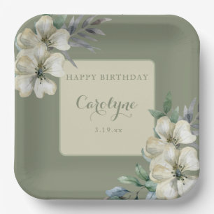 Sage Green Floral Birthday Paper Plate