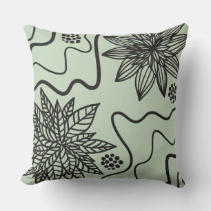 SAGE GREEN FLORAL BLACK DESIGN Retro Throw Pillow
